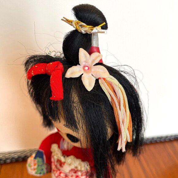 Vintage Japanese Doll Cloth Face - Fabric Kokeshi Kawaii Doll - Red Kimono - Picture 6 of 12
